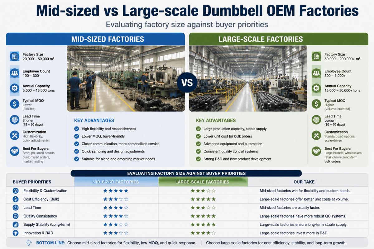 Mid-sized vs large-scale dumbbell OEM factories