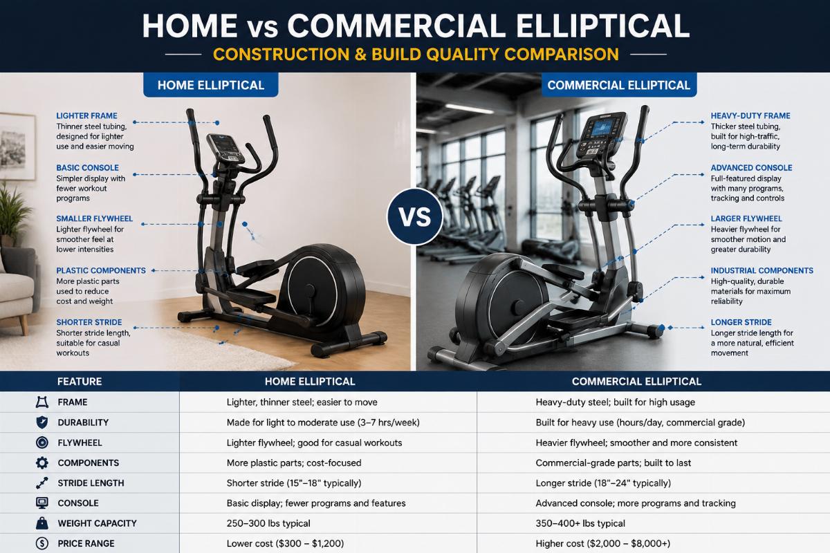 Side-by-side comparison of home and commercial elliptical construction