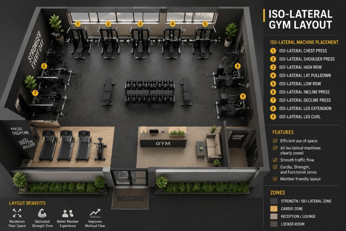 A 3D rendered floor plan of a small commercial gym with clearly marked iso-lateral machine placement