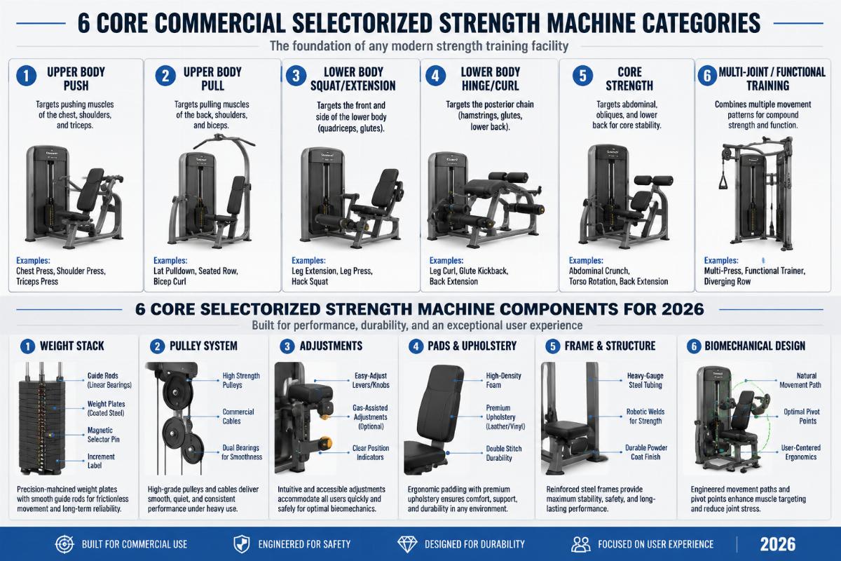Labeled diagram of 6 core commercial selectorized strength machine categories