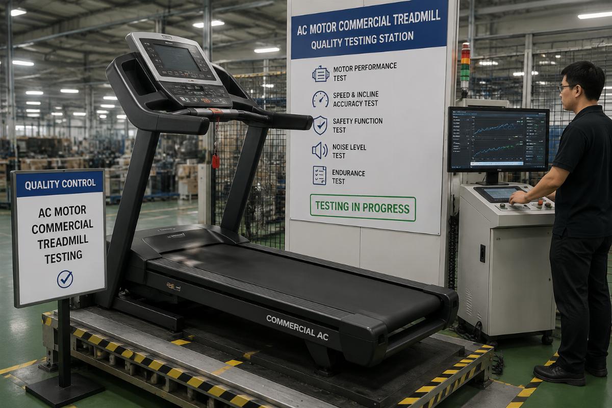 AC motor commercial treadmill being tested in a factory quality control station