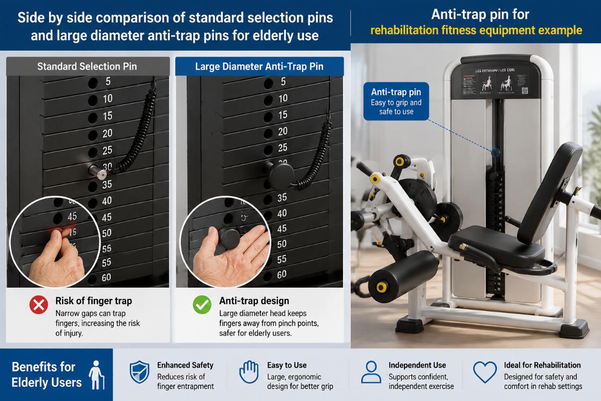 Side by side comparison of standard selection pins and large diameter anti-trap pins for elderly use
