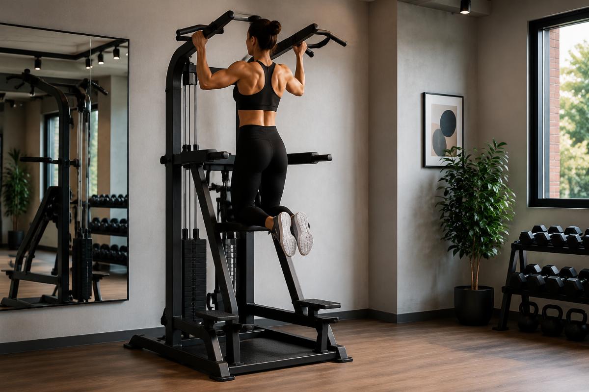 Assisted pull-up and dip combo machine in use at a boutique fitness studio