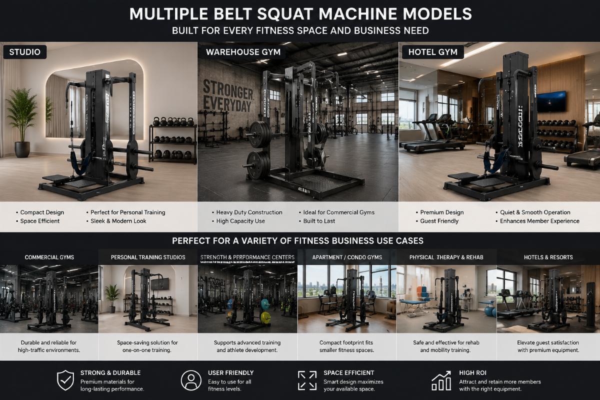Multiple belt squat machine models placed in different fitness scenario settings including studio, warehouse and hotel gym