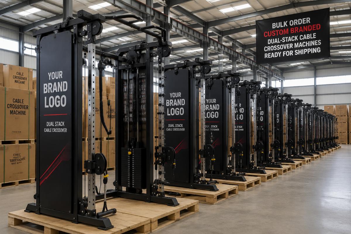Bulk order of custom branded dual-stack cable crossover machines ready for shipping