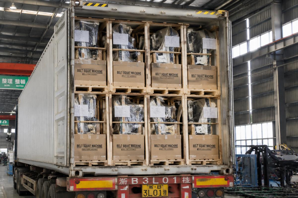 A 40HQ container fully loaded with packaged belt squat machines at a Chinese factory warehouse