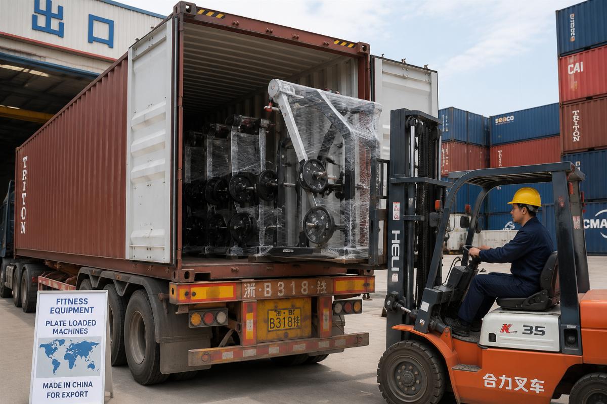 A container of fitness equipment being loaded for international shipment