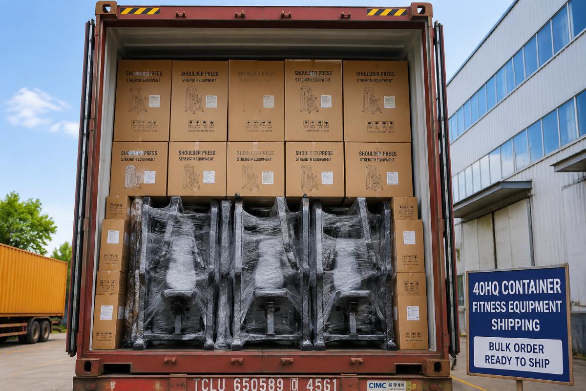 Full 40HQ container of fitness equipment ready for international shipping