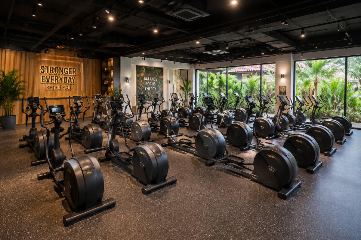 Gym floor with 18 center drive ellipticals arranged in an open layout