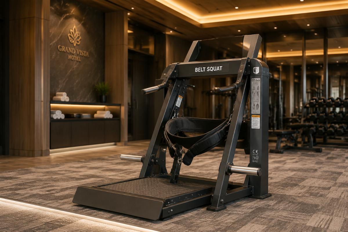 A compact belt squat machine placed in a luxury hotel fitness center matching the interior design
