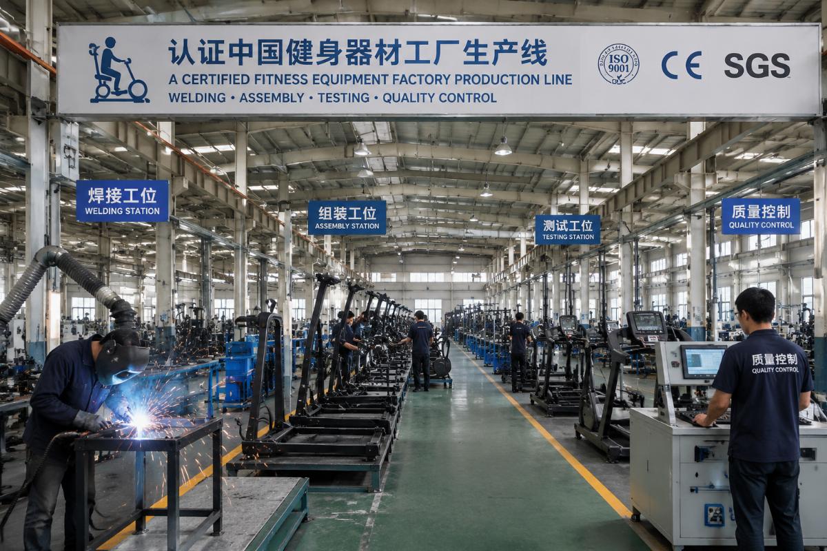 A certified fitness equipment factory production line with welding and testing stations
