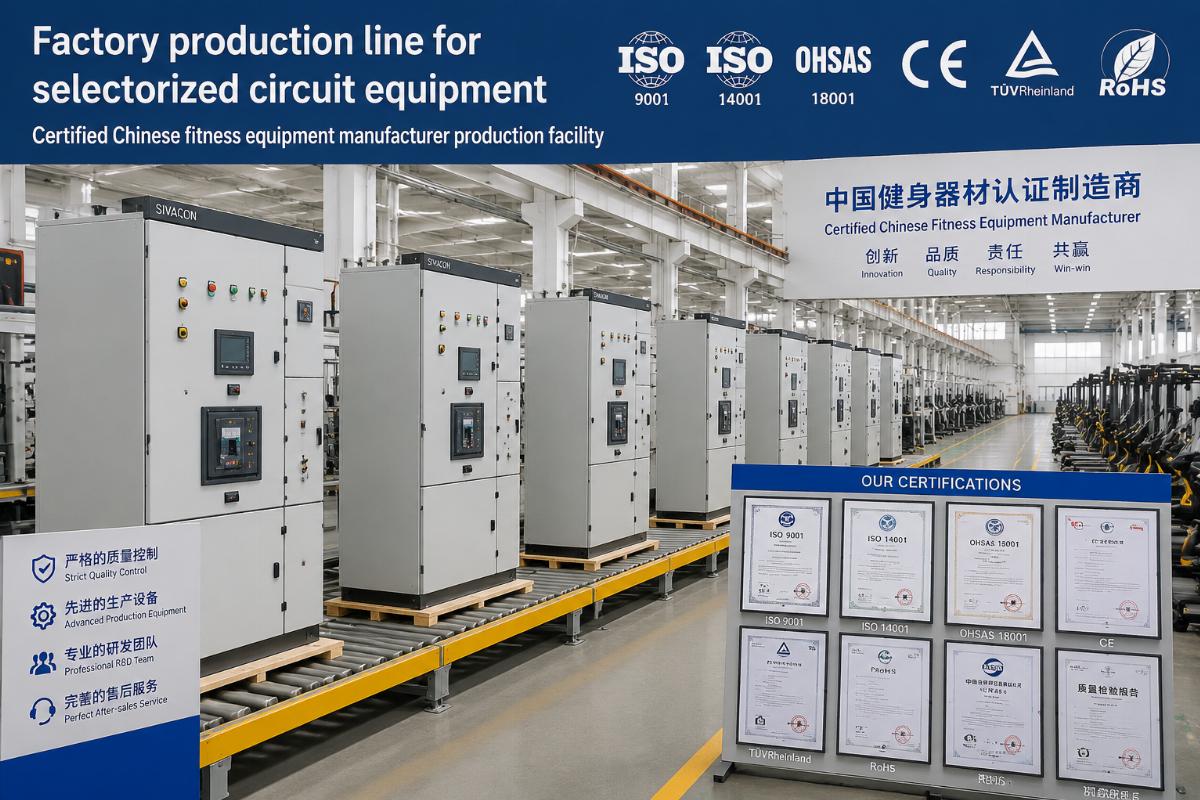 Factory production line for selectorized circuit equipment with certification labels on display