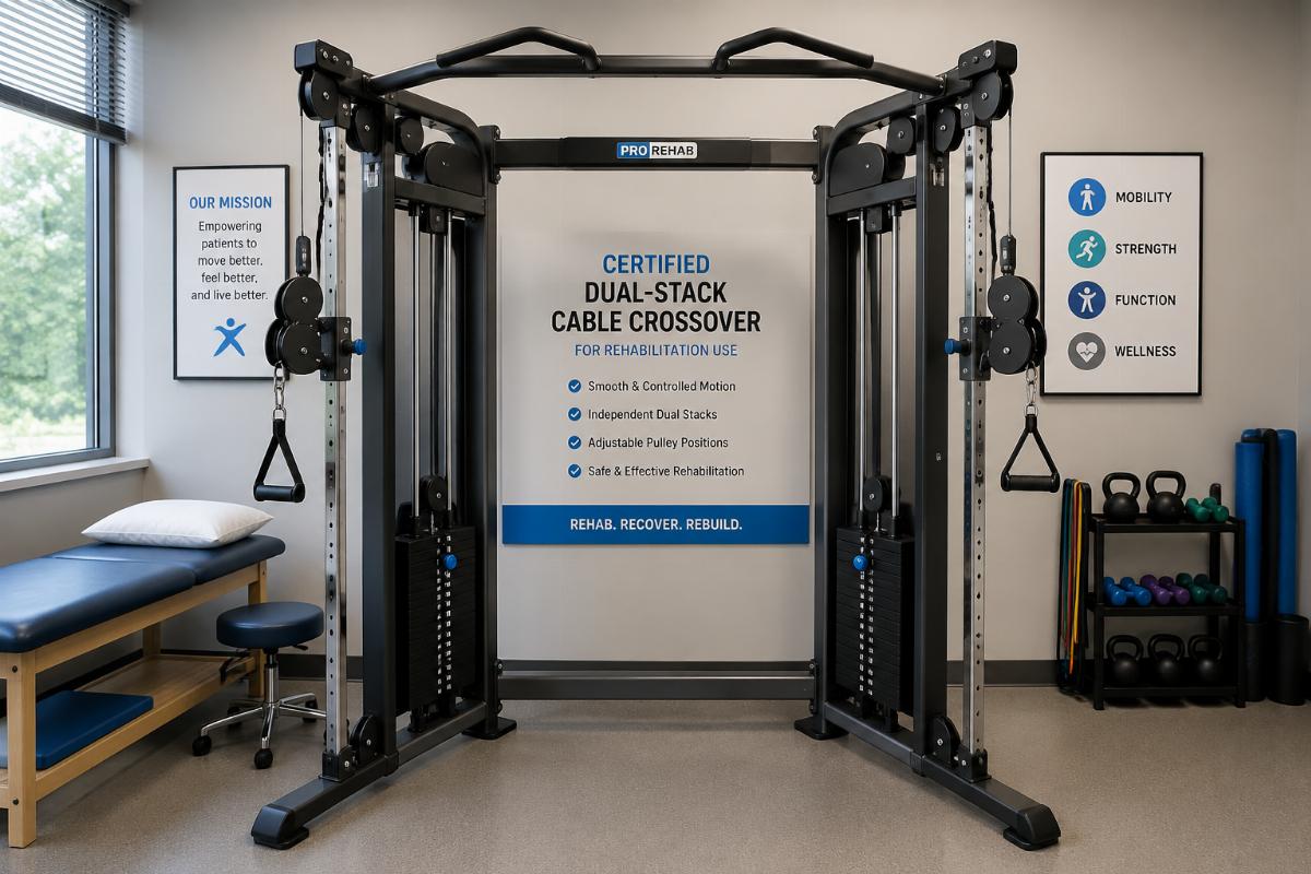 Certified dual-stack cable crossover machine in a physical therapy clinic setting