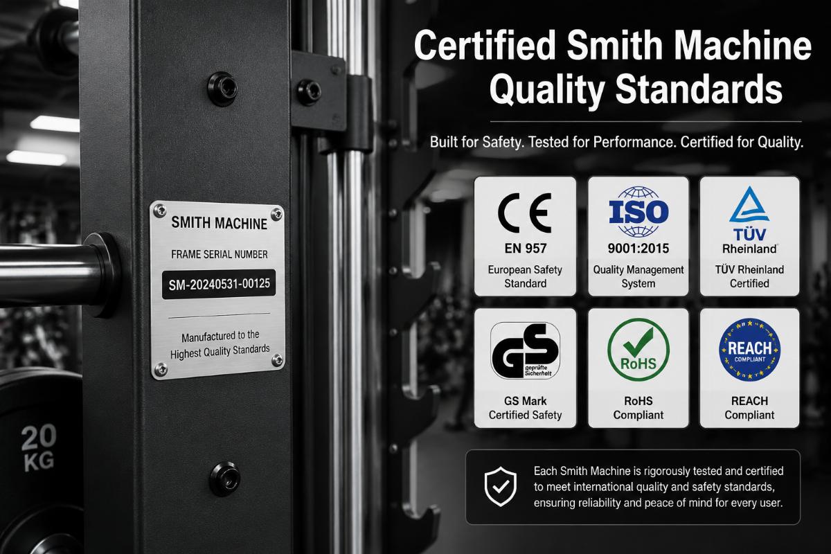 Certification badges displayed next to a Smith machine’s frame serial number