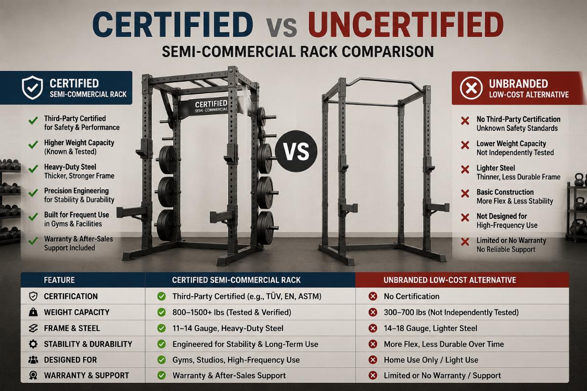 Certified semi-commercial rack next to unbranded low-cost alternative