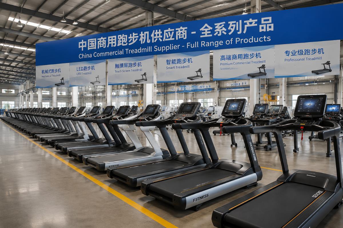 Full range of commercial treadmill models lined up in a China factory warehouse