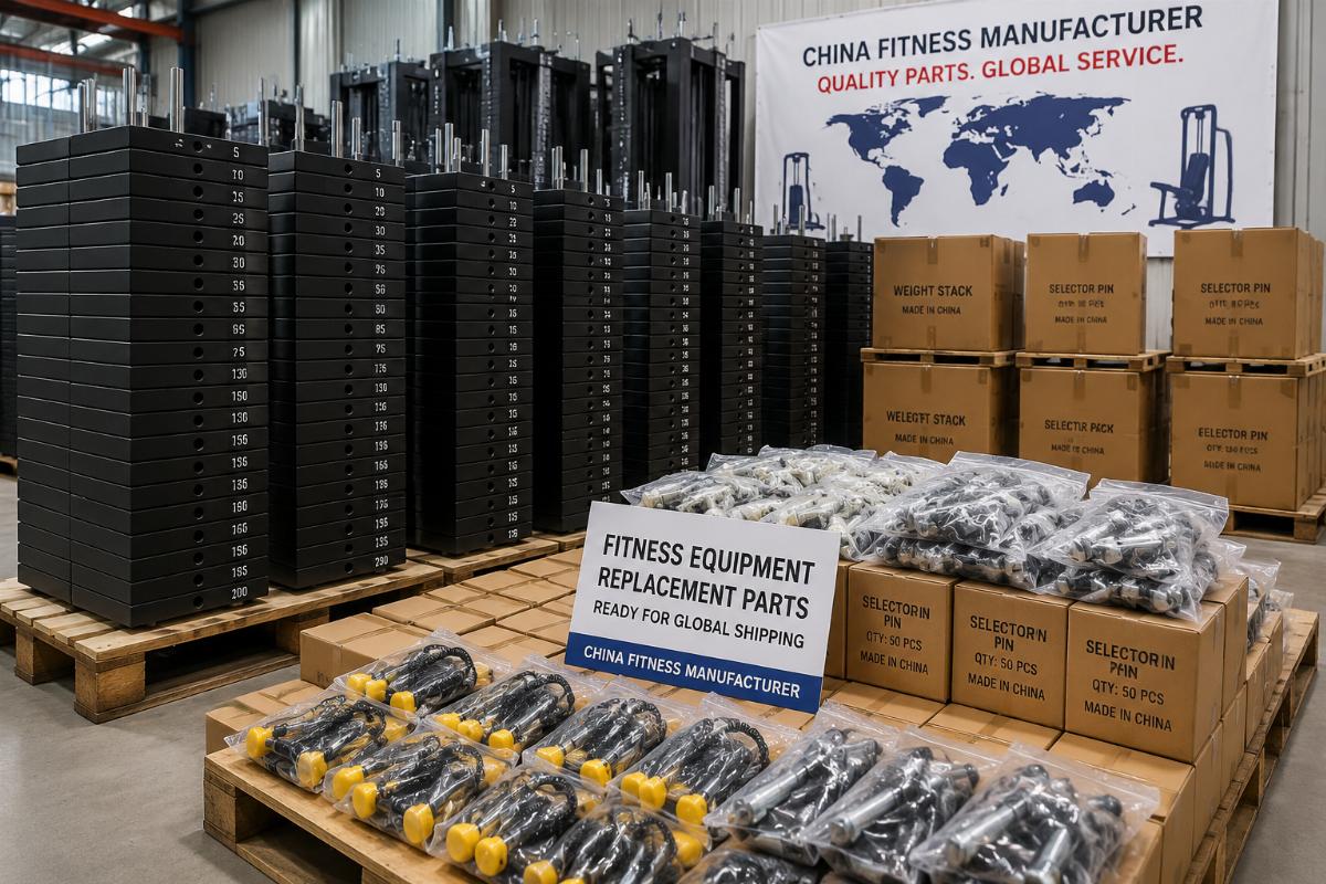 Fitness equipment warehouse showing stacked weight stacks and packaged pin components ready for shipment