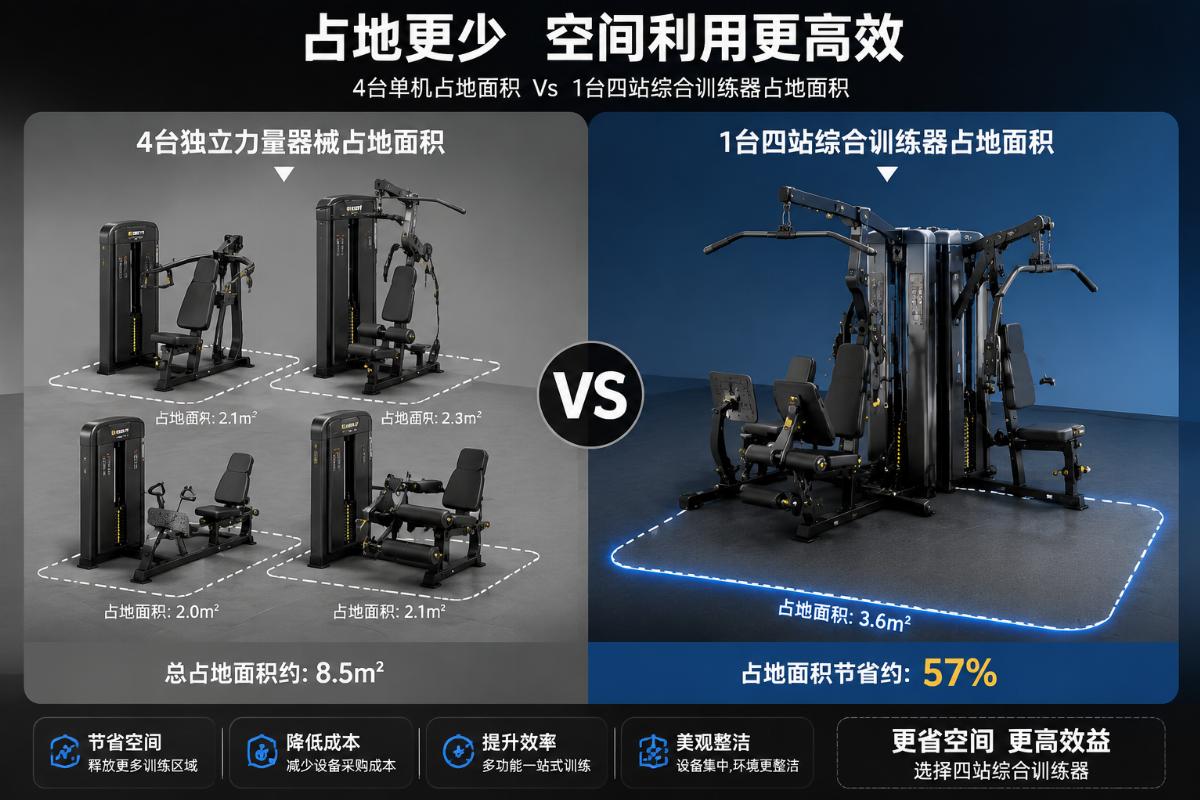 Side-by-side comparison of floor space used by 4 standalone strength machines vs one 4-station multi-gym