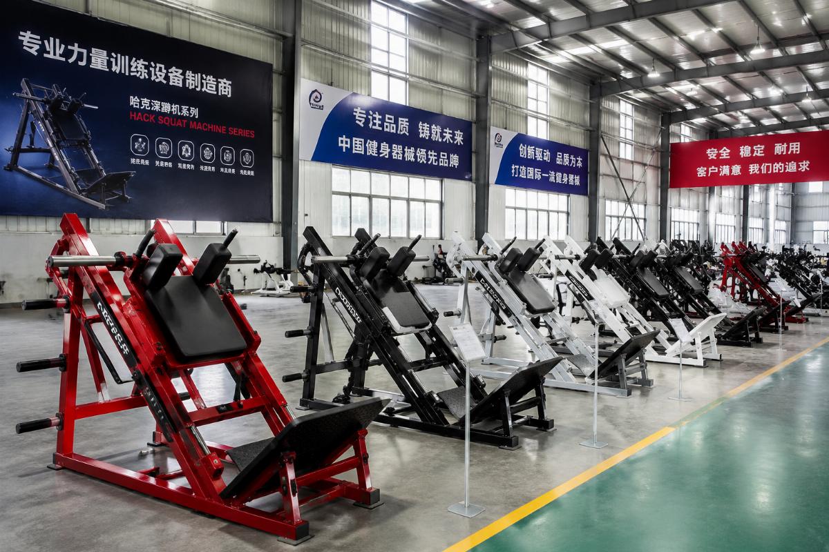 Full product line of hack squat machines on display at a Chinese fitness equipment manufacturing facility