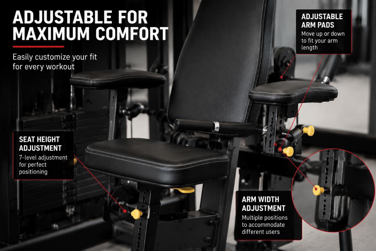 Close up of combo machine padded seat and adjustable arm components
