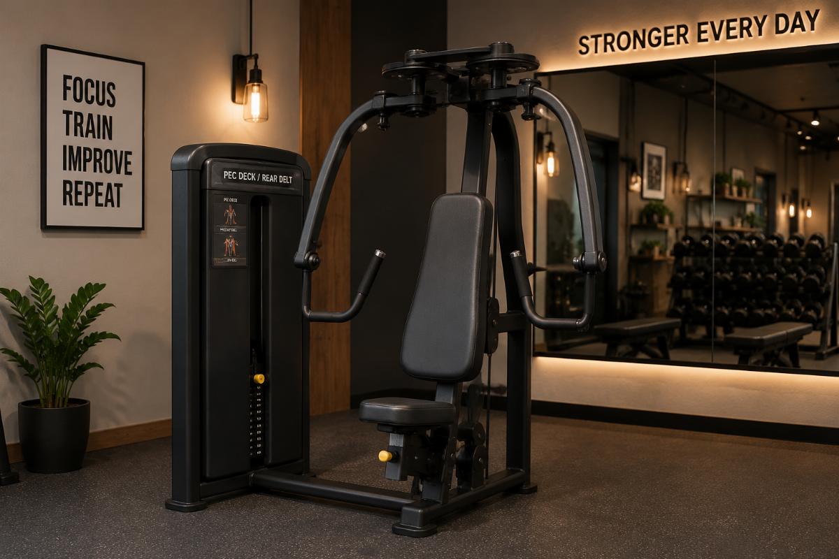 A compact pec deck and rear delt combo machine installed in a small boutique gym layout