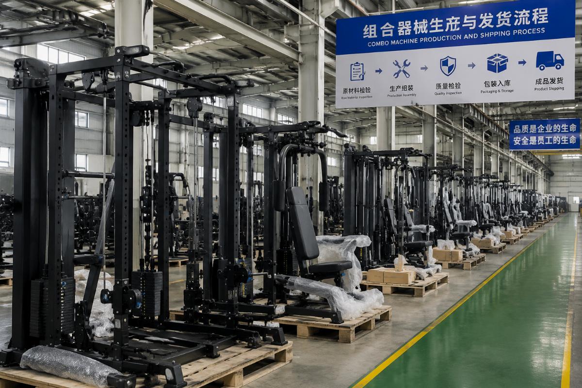 Production floor of a specialized Chinese fitness equipment factory with combo machine units staged for shipping