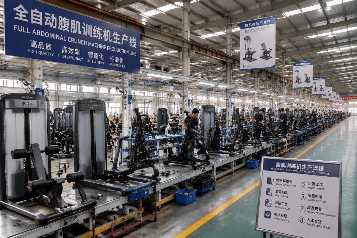 Full abdominal crunch machine production line in a Chinese fitness equipment factory