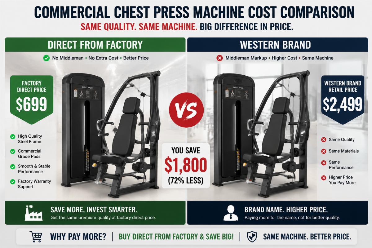A side-by-side comparison of two identical commercial chest press machines with price tags showing the direct factory vs western brand cost difference