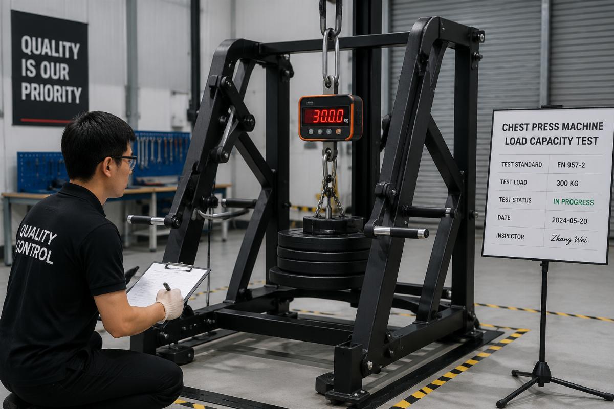 A quality control technician testing the load capacity of a commercial chest press machine frame