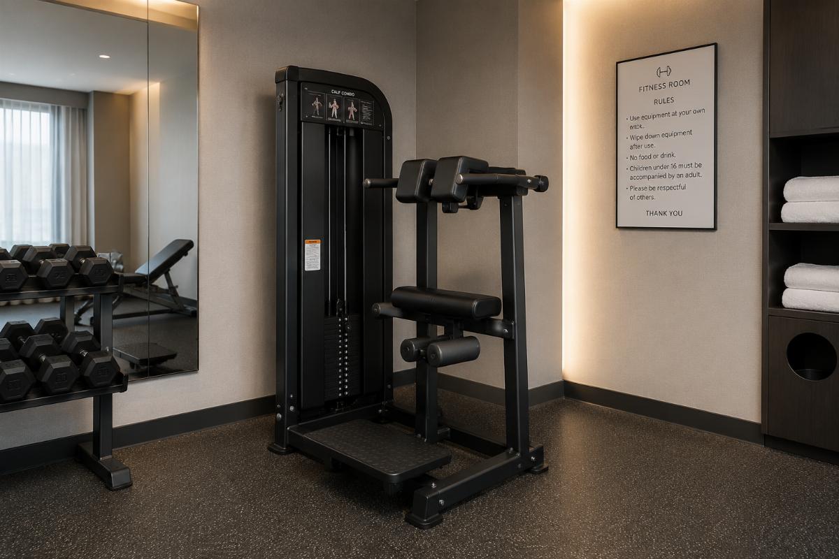 Compact commercial calf combo unit installed in a small hotel fitness room with neutral color matching wall finishes