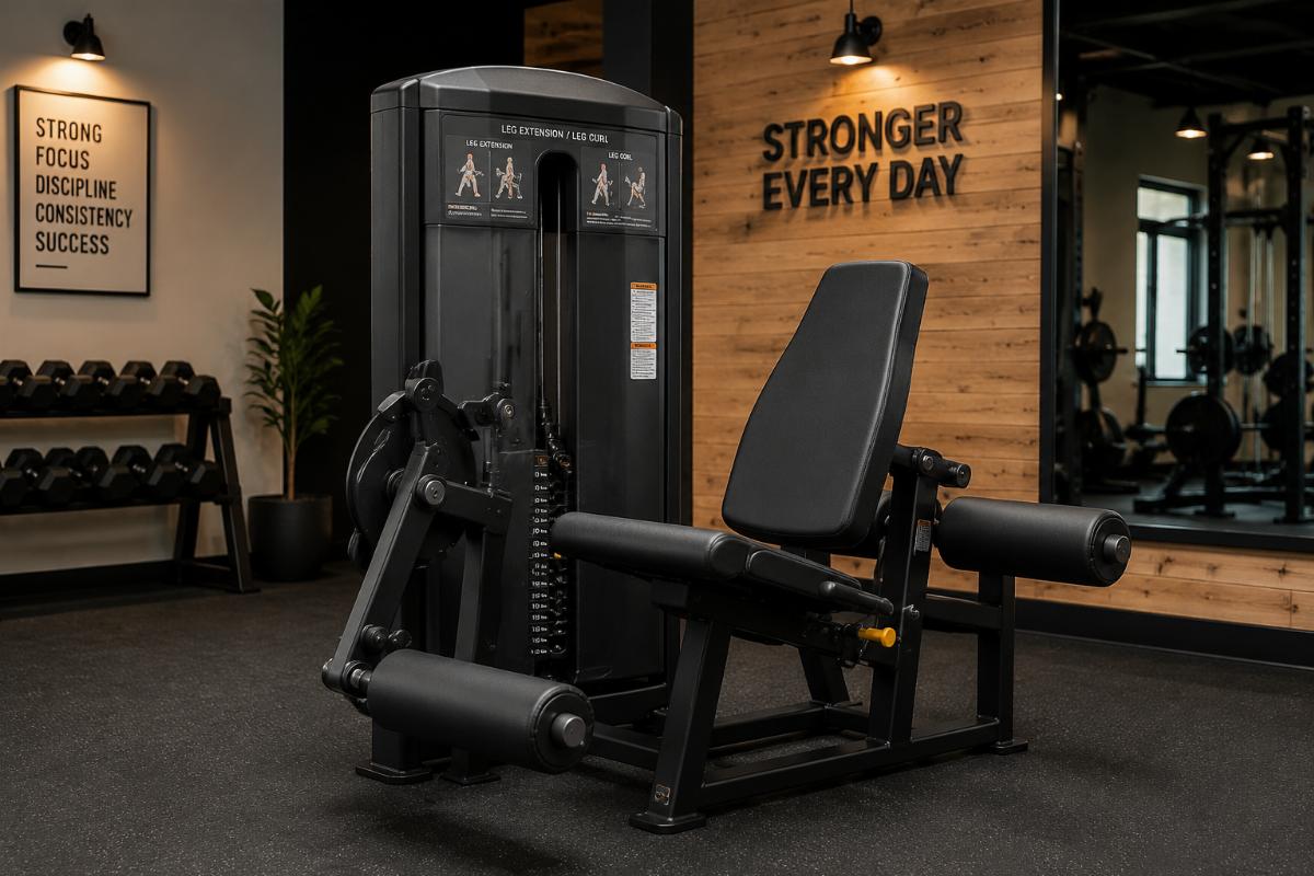 Compact combo leg extension leg curl machine installed in a small boutique gym