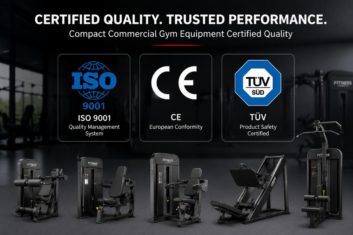 Certification badge display for ISO 9001, CE, and TüV for commercial fitness equipment