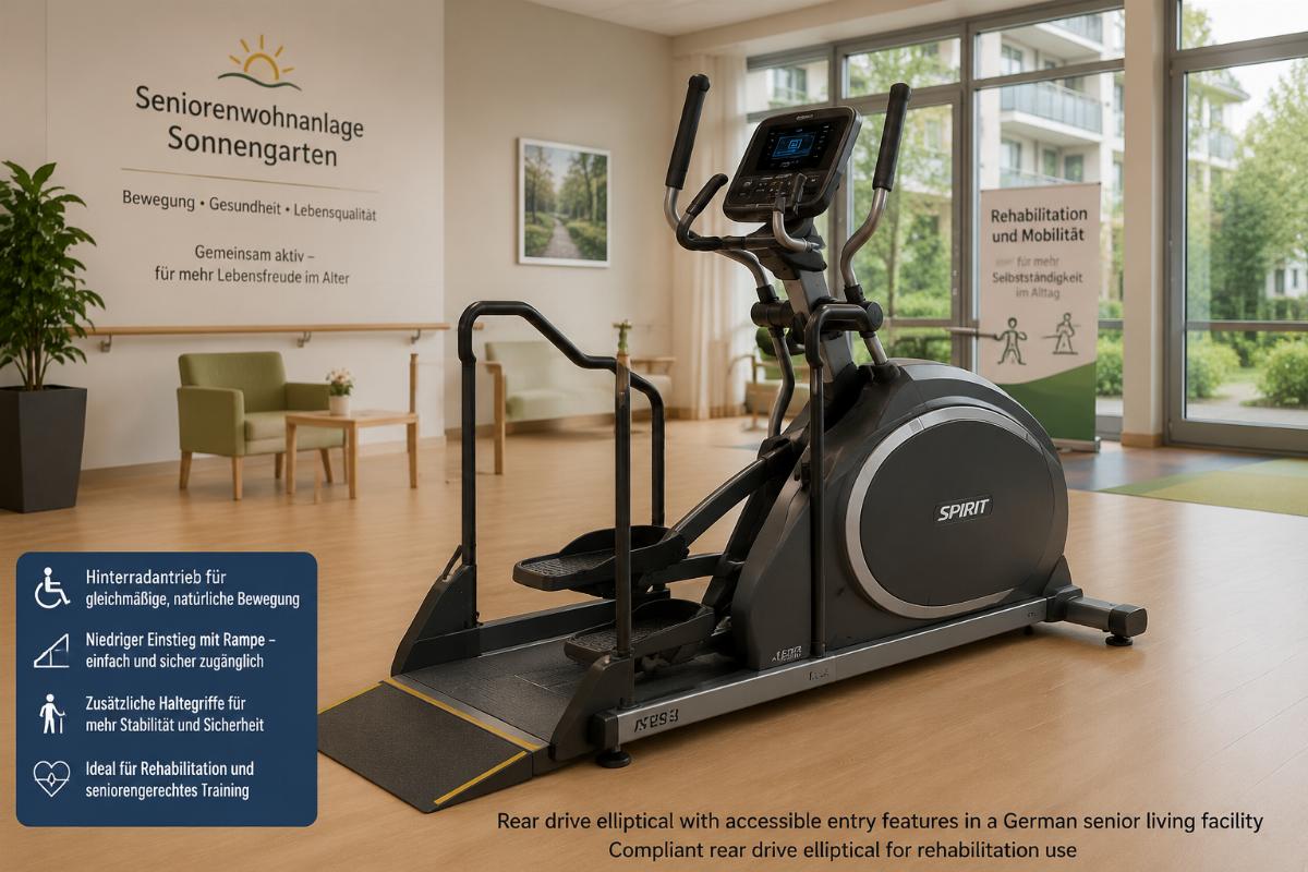 Rear drive elliptical with accessible entry features in a German senior living facility
