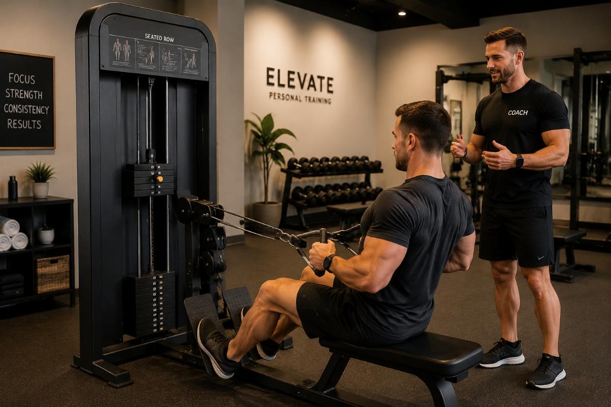 Commercial seated row machine installed in a boutique personal training studio setting