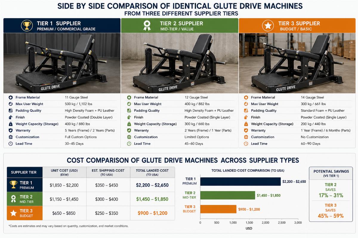 Side by side comparison of identical glute drive machines from three different supplier tiers