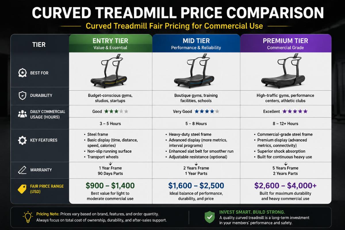 Side by side price comparison chart for curved treadmill tiers