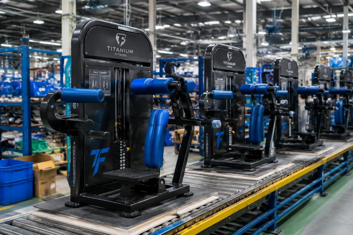 Commercial calf combo unit with branded frame and custom colored upholstery on a factory production line