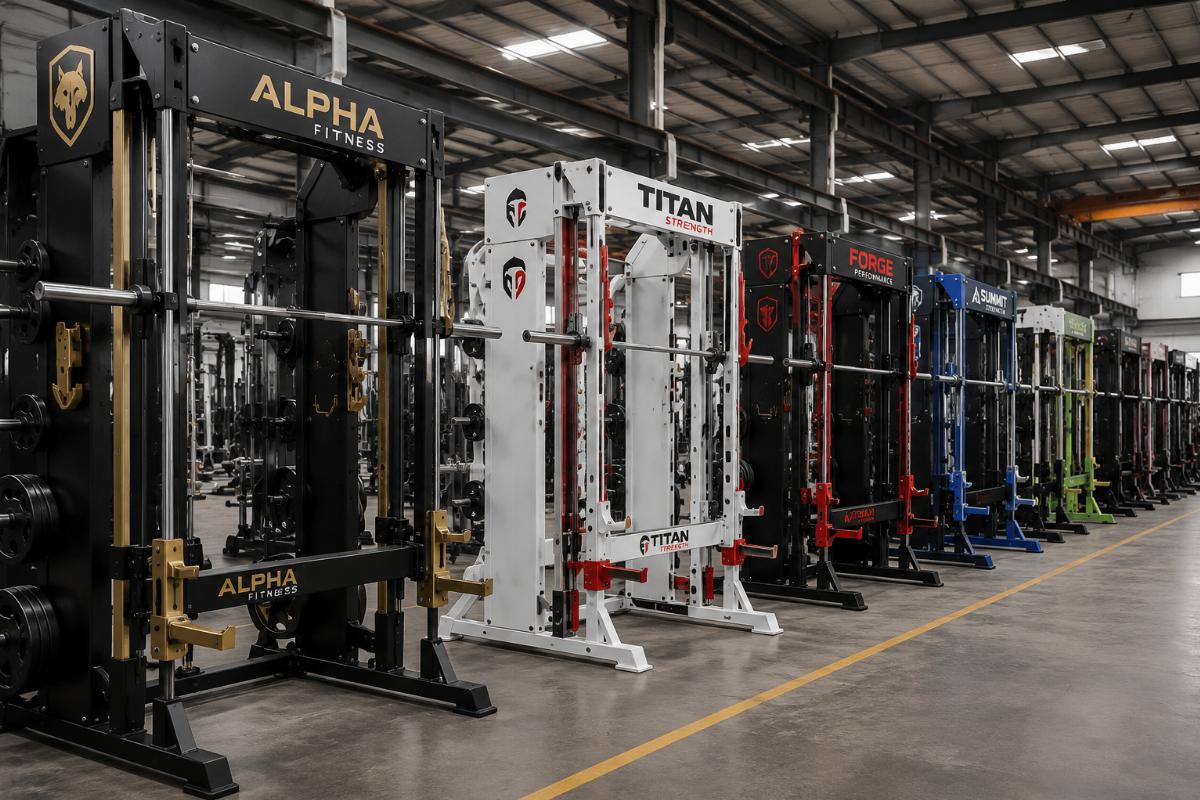 Custom Smith machines with branded logos and unique color finishes arranged in a factory warehouse