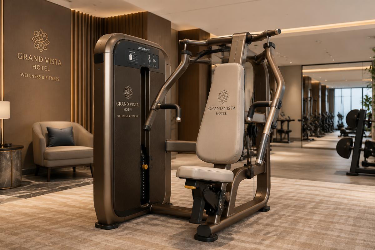 A custom branded commercial chest press machine matching a hotel’s interior design aesthetic