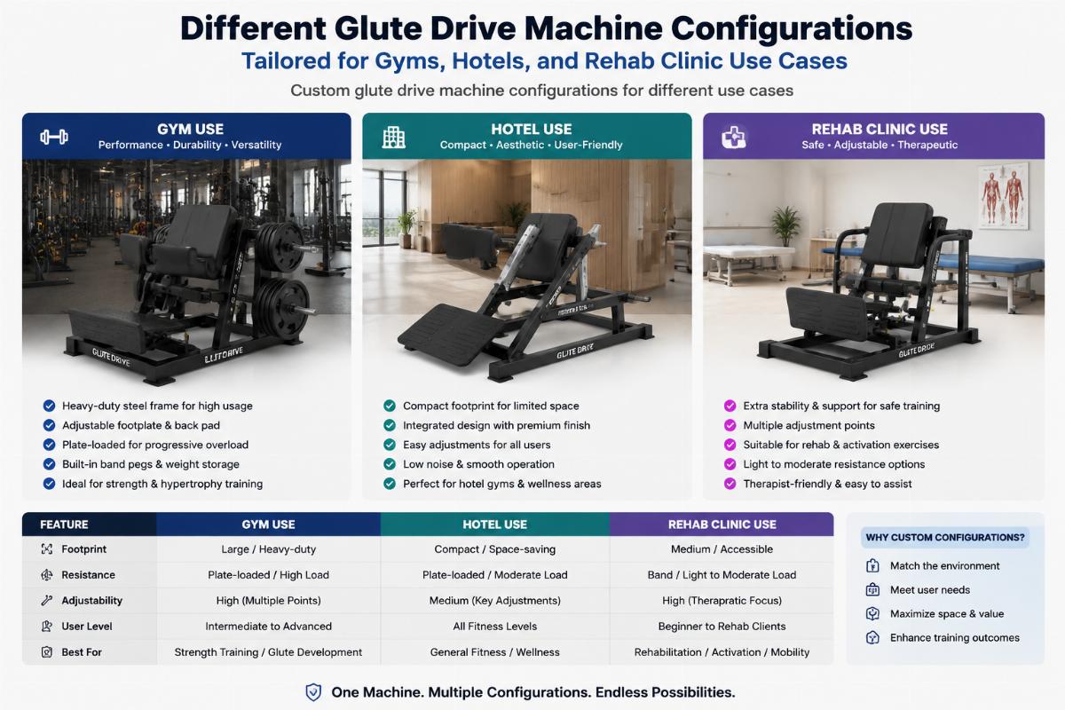 Different glute drive machine configurations tailored for gyms, hotels, and rehab clinic use cases