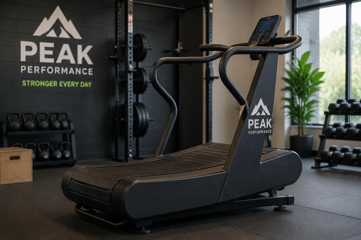 Custom branded curved treadmill with facility logo on the side rail