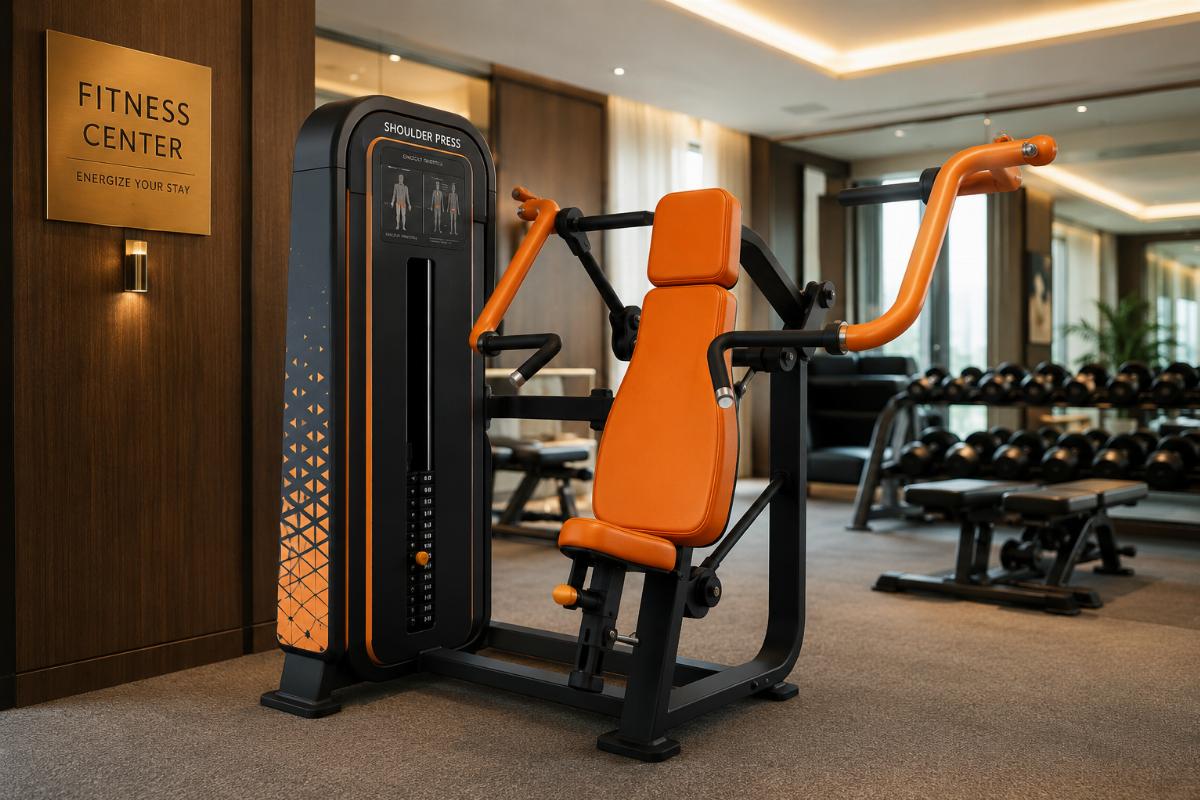 Custom colored commercial shoulder press machine installed in a hotel fitness center