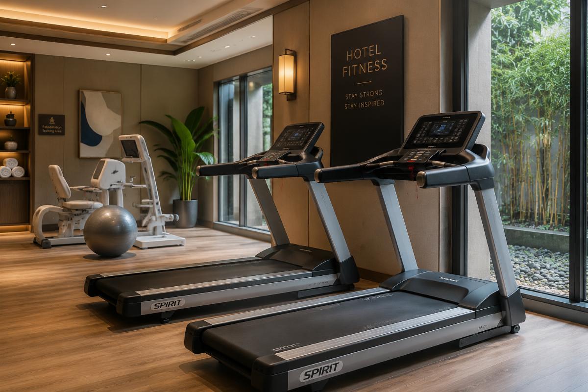 DC motor commercial treadmill installed in a boutique hotel fitness room