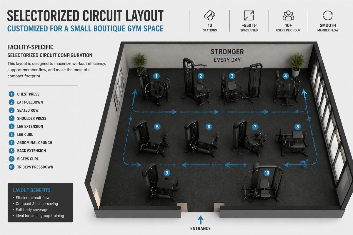 Selectorized circuit layout customized for a small boutique gym space