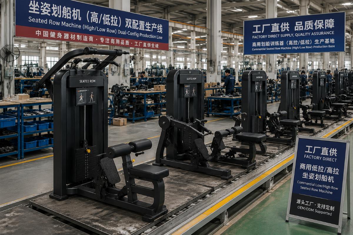 Factory production line showing dual-config seated row machines at a Chinese fitness equipment manufacturing facility