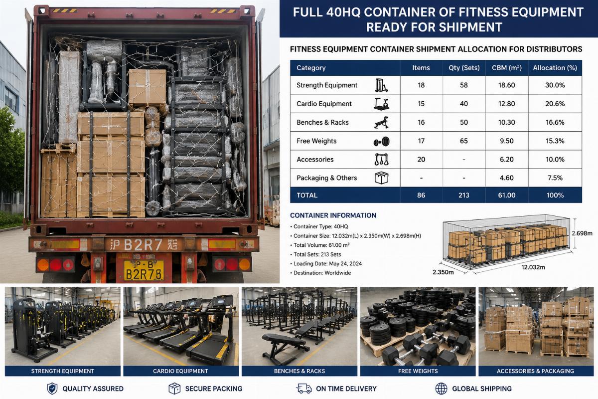 Full 40HQ container of fitness equipment ready for shipment