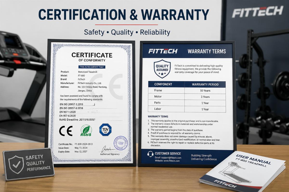 Certification documents and warranty terms displayed for fitness equipment