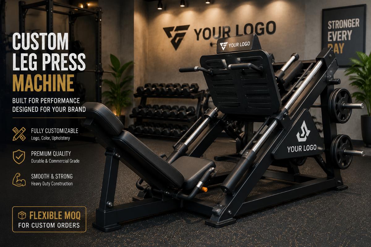 Custom leg press machine with private brand logo in a small boutique gym