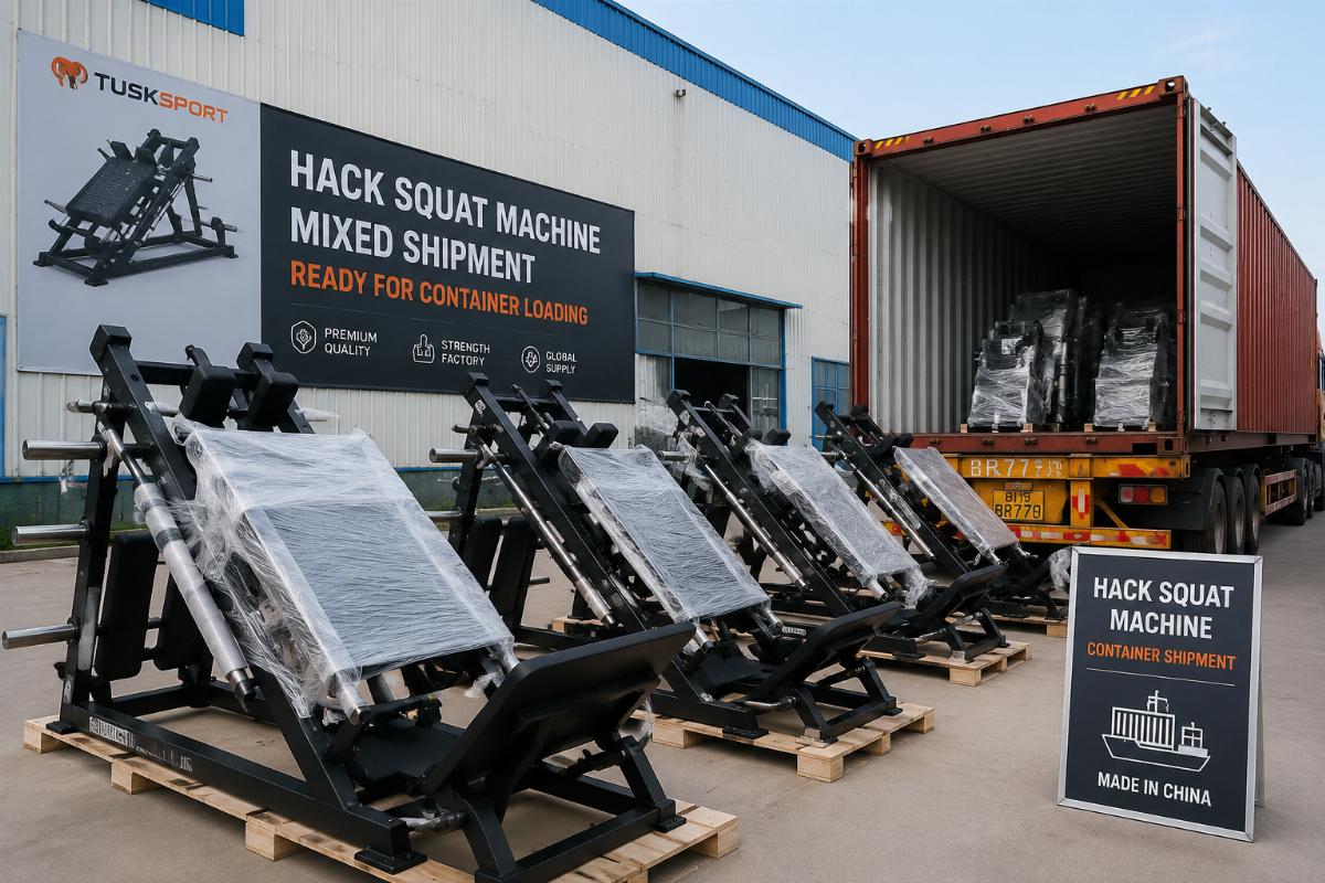 Mixed shipment of hack squat machines ready for container loading at a Chinese manufacturing facility