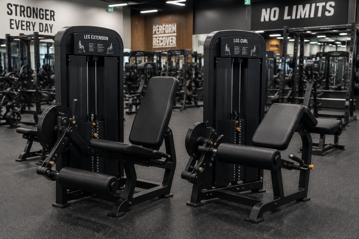 Heavy-duty separate leg extension and leg curl units in a high-traffic commercial gym zone
